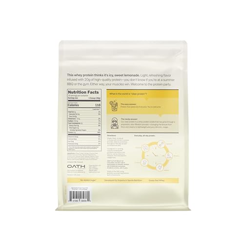 Oath Nutrition Clear Whey Isolate Protein Powder, Frosty Lemonade, 20g Complete Protein per Serving, No Added Sugar, Grass-Fed, 18 Servings