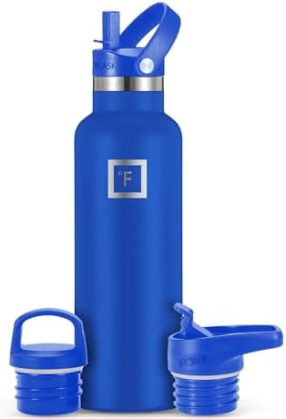 IRON °FLASK Camping & Hiking Hydration Canteens - 3 Lids (Narrow Straw Lid) Leak Proof Vacuum Insulated Stainless Steel - Hot & Cold Double Walled Sports Water Bottle - Cobalt, 20 Oz