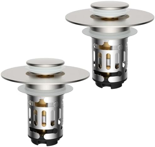 Hibbent 2 Pack Upgraded 3 in 1 Bathroom Sink Drain Strainer, Universal Pop Up Stopper with Removable Stainless Steel Filter Basket Hair Catcher, Sink Plug for 1.1''~2.36'' Basin, Brushed Nickel