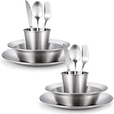 Odoland Camping Complete Messware Kit, Polished Stainless Steel Camp Dinnerware, Camping Cooking Tableware, Cutlery Organizer Utensil with Plates and Bowls Set for Backpacking, Hiking, Picnic