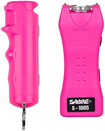SABRE Pepper Spray & 2-in-1 Stun Gun with Flashlight, Self Defense Kit, Fast Flip Top Safety, Finger Grip for Better & Faster Aim, Painful 1.60 µC Charge, 120 Lumen LED Light, Rechargeable, 0.54 fl oz