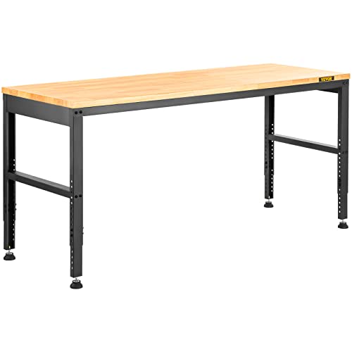 VEVOR 60" Adjustable Workbench, Heavay Duty Workstation 2000 LBS Load Capacity, with Power Outlets & Rubber Wood Top & Metal Frame & Foot Pads, for Workshop Office Home Garage