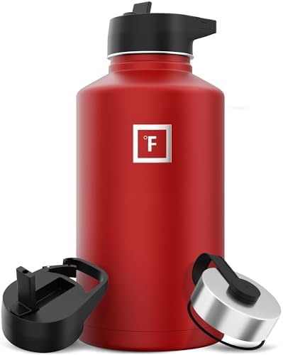 IRON °FLASK Camping & Hiking Hydration Flask with 3 Lids - Stainless Steel, Double Walled & Vacuum Insulated Water Bottle - Leak Proof & BPA Free (Fire Red, Straw - 64 oz)