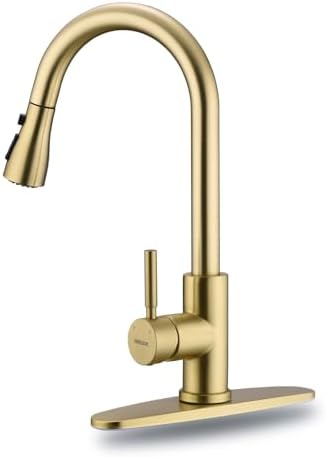 WEWE Brushed Gold Kitchen Faucet with Pull Down Sprayer, Single Handle Gold Kitchen Sink Faucet Stainless Steel Brass Copper Commercial RV 1 or 3 Hole, Champagne Bronze
