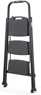 Rubbermaid 3-Step Steel Ladder, Folding Step Stool with Hand Grip and Non-Slip Feet, Black, Tested to ANSI US Safety Standards, No Assembly Required