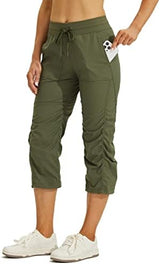 Willit Women's Quick-Dry Capris Hiking Travel Pants Striped Woven Workout Pants with Pockets Lightweight
