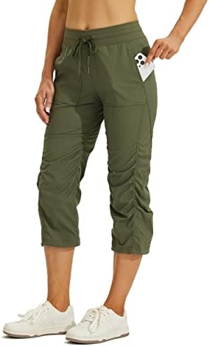 Willit Women's Quick-Dry Capris Hiking Travel Pants Striped Woven Workout Pants with Pockets Lightweight