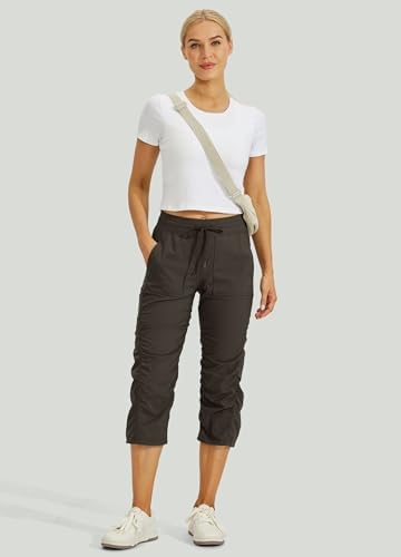 Willit Women's Quick-Dry Capris Hiking Travel Pants Striped Woven Workout Pants with Pockets Lightweight