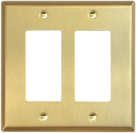 Rio Salto BRASS Metal Double Rocker Decora MIDSIZE Gold Double Light Switch Wall Plate Outlet Cover Wall Plate Receptacle Wallplate Dual Rocker Decora 2 Gang Decorator 4.92" x 4.92"