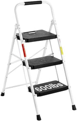 BONTEC 3-Step Ladder, Folding Step Stool, 600lbs Max Load Capacity, Sturdy Steel, Non-Slip Pedals, Lightweight, Portable Steel Ladder with Convenient Handrail, Safety Design for Home & Work, White