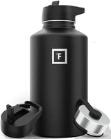 IRON °FLASK Camping & Hiking Hydration Flask with 3 Lids - Stainless Steel, Double Walled & Vacuum Insulated Water Bottle - Leak Proof & BPA Free (Midnight Black, Straw - 64 oz)