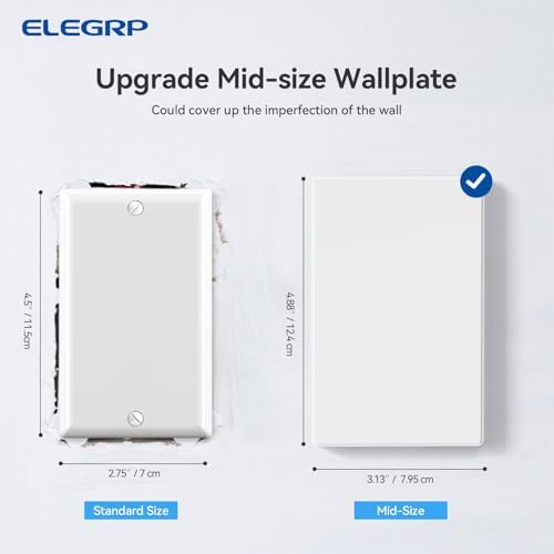 ELEGRP Blank Wall Plate Cover, 1-Gang Screwless Blank Outlet Plate, Mid-Size 4.88" x 3.13" Unbreakable Thermoplastic Blank Faceplate Cover for Unused Outlets/Switches, UL Listed (5 Pack, Matte White)