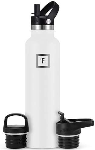 IRON °FLASK Camping & Hiking Hydration Canteens - 3 Lids (Narrow Straw Lid) Leak Proof Vacuum Insulated Stainless Steel - Hot & Cold Double Walled Sports Water Bottle - Winter White, 24 Oz