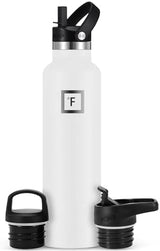 IRON °FLASK Camping & Hiking Hydration Canteens - 3 Lids (Narrow Straw Lid) Leak Proof Vacuum Insulated Stainless Steel - Hot & Cold Double Walled Sports Water Bottle - Winter White, 24 Oz