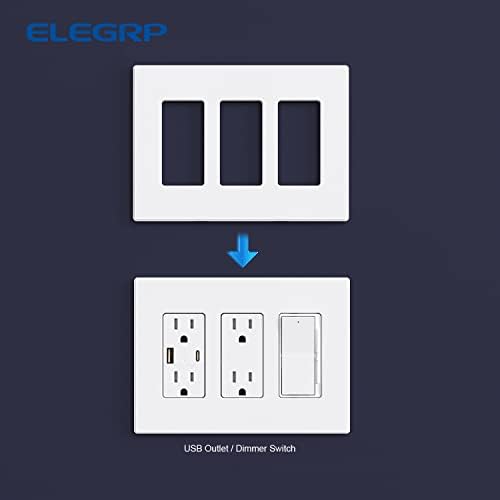 ELEGRP 3-Gang Screwless Decorative Wall Plates, Mid-Size Unbreakable Thermoplastic Faceplate Cover for Decorator Receptacle Outlet Switch, UL Listed (10 Pack, Matte White) wall plate