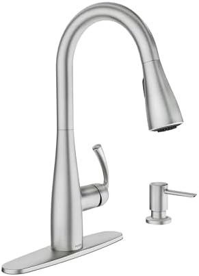 Moen Essie Spot Resist Stainless Pulldown Sprayer Kitchen Sink Faucet Set with Modern Pump Soap Dispenser, 87014SRS