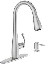 Moen Essie Spot Resist Stainless Pulldown Sprayer Kitchen Sink Faucet Set with Modern Pump Soap Dispenser, 87014SRS