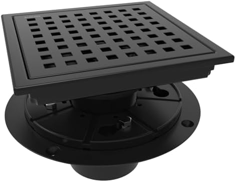 6 Inch Square Shower Floor Drain with Flange,Quadrato Pattern Grate Removable,Food-Grade SUS 304 Stainless Steel,Watermark&CUPC Certified,Matte Black