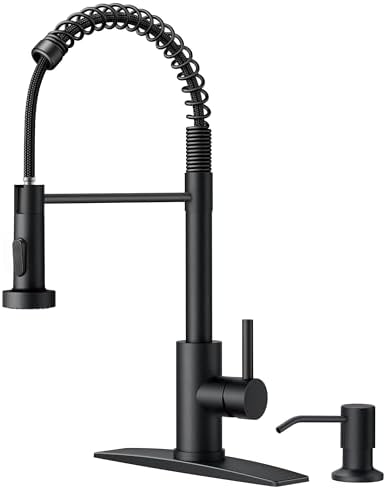 FORIOUS Black Kitchen Faucet with Soap Dispenser, Single Handle Stainless Steel Spring Sink Faucet with Pull Down Sprayer Transitional for Farmhouse Camper Laundry Camper