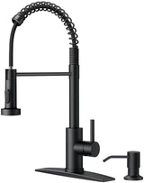 FORIOUS Black Kitchen Faucet with Soap Dispenser, Single Handle Stainless Steel Spring Sink Faucet with Pull Down Sprayer Transitional for Farmhouse Camper Laundry Camper