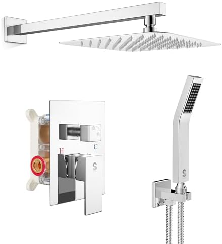 SR SUN RISE SRSH-F5043 Bathroom Luxury Rain Mixer Combo Set Wall Mounted Rainfall Shower Head System Polished Chrome, (Contain Faucet Rough-in Valve Body and Trim)