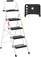 BONTEC 4-Step Ladder, 400lbs Max Load, Folding Step Stool with Tool Tray, Anti-Slip Pedals, Sturdy Steel, Lightweight Portable Ladder with Handrail for Home & Work Use, White