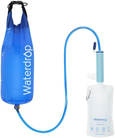 Waterdrop Gravity Water Filter Straw, Camping Water Filtration System, Water Purifier Survival for Travel, Backpacking and Emergency Preparedness, 1.5 gal Bag, 0.1 Micron, Light Blue