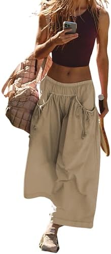 Hooever Women's Loose Wide Leg Track Pants Drawstring Pockets Elastic Waist Capri Hiking Pants