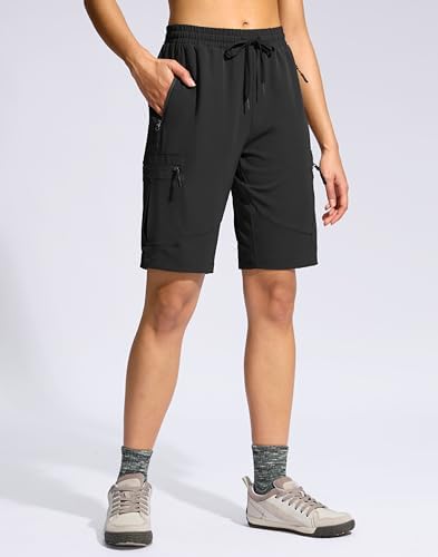 SANTINY Women's 10'' Lightweight Hiking Cargo Shorts with 5 Zipper Pockets Quick Dry Summer Long Travel Golf Shorts for Women