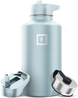 IRON °FLASK Camping & Hiking Hydration Flask with 3 Lids - Stainless Steel, Double Walled & Vacuum Insulated Water Bottle - Leak Proof & BPA Free (Morning Mist, Straw - 64 oz)