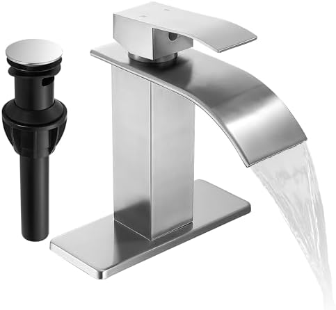 Fransiton Brushed Nickel Waterfall Bathroom Faucet Lavatory Single Handle 1 or 3 Hole Bathroom Sink Faucet Washbasin Faucet with Deck and Pop-up Drain
