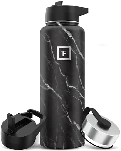IRON °FLASK Camping & Hiking Hydration Flask with 3 Lids - Stainless Steel, Double Walled & Vacuum Insulated Water Bottle - Leak Proof & BPA Free (Black Marquina, Straw - 40 oz)