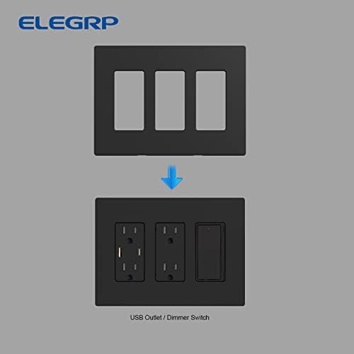 ELEGRP 3 Gang Screwless Decorative Wall Plates, Mid-Size Unbreakable Thermoplastic Faceplate Cover for Decorator Receptacle Outlet Switch, UL Listed (5 Pack, Matte Black)