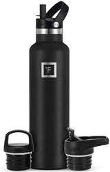 IRON °FLASK Camping & Hiking Hydration Canteens - 3 Lids (Narrow Straw Lid) Leak Proof Vacuum Insulated Stainless Steel - Hot & Cold Double Walled Sports Water Bottle - Midnight Black, 24 Oz