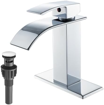 VOTON Chrome Bathroom Faucets Waterfall Bathroom Sink Faucet Modern Single Handle Bathroom Faucet for 1 or 3 Holes with Deck Plate and Pop-Up Drain, Rv Sink Camper Farmhouse Bathroom Faucet