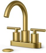 FORIOUS 4" Brushed Gold Bathroom Faucet Centerset 4 Inch, 2 Handle 2 Hole Gold Faucets for Bathroom Vanity wtih Metal Pop Up Dain, CUPC Supply Hose, High Arc Swivel Spout