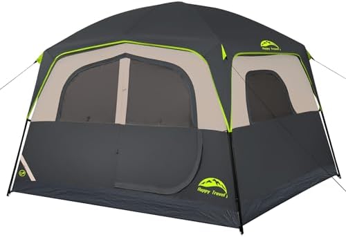 Happy Travel Tent 6 Person Tents for Camping, Waterproof Easy Setup Camping Tent with Rainfly, Portable Large Family Cabin Tent with 5 Large Mesh Windows and Carry Bag for Outdoor Camping & Hiking