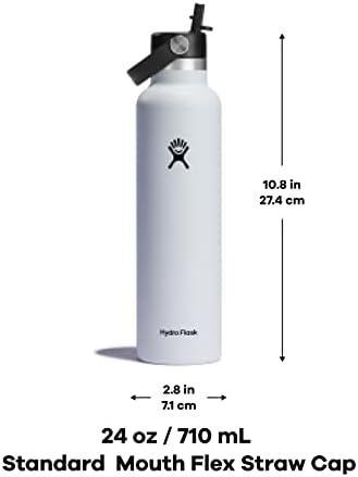 Hydro Flask 24 Oz Stainless Steel Standard Mouth Water Bottle with Flex Straw Cap and Double-Wall Vacuum Insulation
