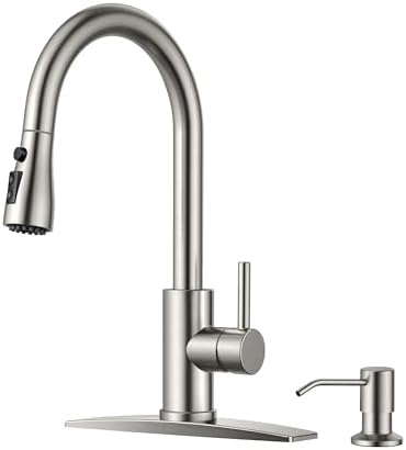 FORIOUS Kitchen Faucets with Soap Dispenser and Pull Down Sprayer, Brushed Nickel, High Arc Single Handle Classic 3 Modes Stainless Steel Faucet for Kitchen Sink Farmhouse RV Bar Laundry Camper
