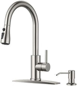 FORIOUS Kitchen Faucets with Soap Dispenser and Pull Down Sprayer, Brushed Nickel, High Arc Single Handle Classic 3 Modes Stainless Steel Faucet for Kitchen Sink Farmhouse RV Bar Laundry Camper
