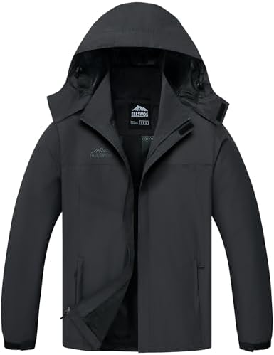 ELLSWOS Men's Waterproof Raincoat Lightweight Rain Jacket with Detachable Hood Softshell Windbreakerl for Hiking Travel