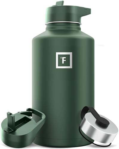IRON °FLASK Camping & Hiking Hydration Flask with 3 Lids - Stainless Steel, Double Walled & Vacuum Insulated Water Bottle - Leak Proof & BPA Free (Sage, Straw - 64 oz)