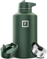 IRON °FLASK Camping & Hiking Hydration Flask with 3 Lids - Stainless Steel, Double Walled & Vacuum Insulated Water Bottle - Leak Proof & BPA Free (Sage, Straw - 64 oz)