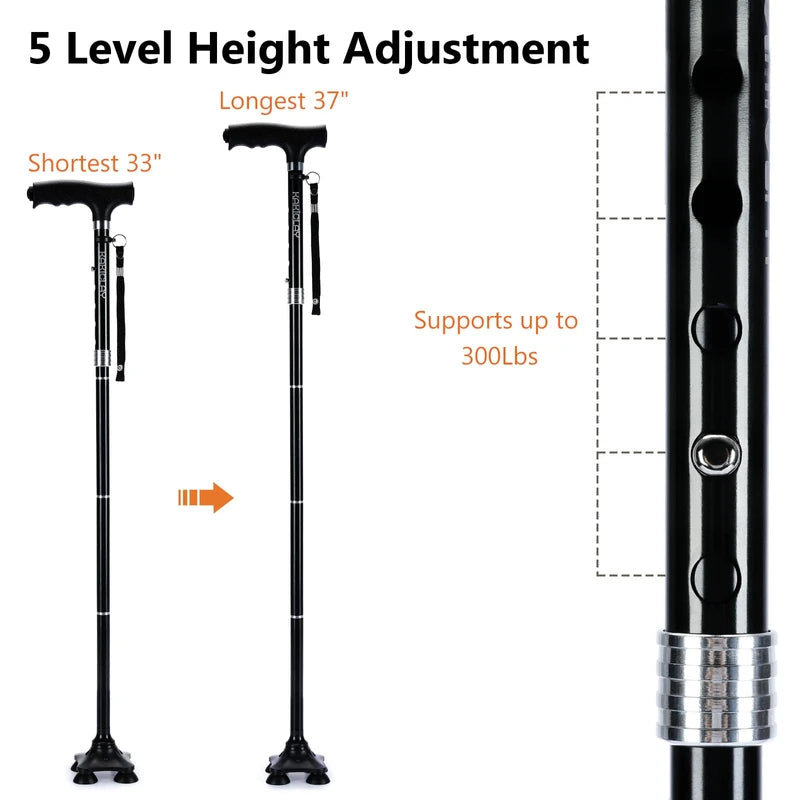 KAKICLAY Folding Walking Cane with LED Light for Men & Women, Foldable Lightweight Heavy Duty Aluminum Walking Stick for Seniors & Adults (Black)