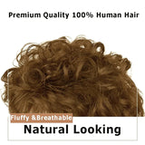 ICRAB Short Curly Real Human Hair Topper with Front Bangs for Women,Breathable Wiglets Hairpieces 5.1x5.1 Large Coverage Women Toupee Clip in Top Wavy Hair Pieces Topper(7",Light Brown)