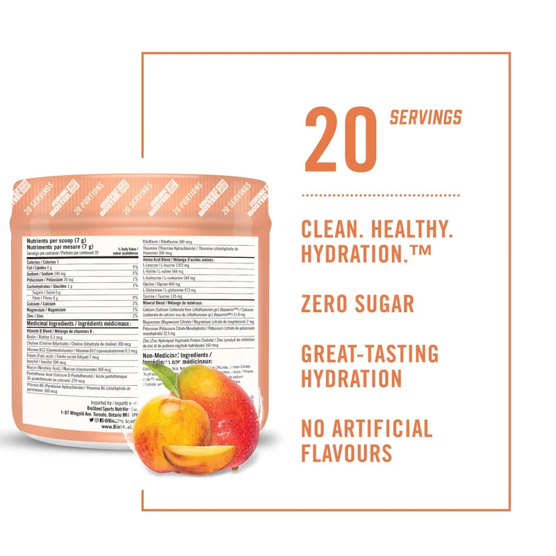 BioSteel Hydration Mix, Great Tasting Hydration with Zero Sugar, and No Artificial Flavours or Preservatives, Peach Mango Flavour, 20 Servings per Tub