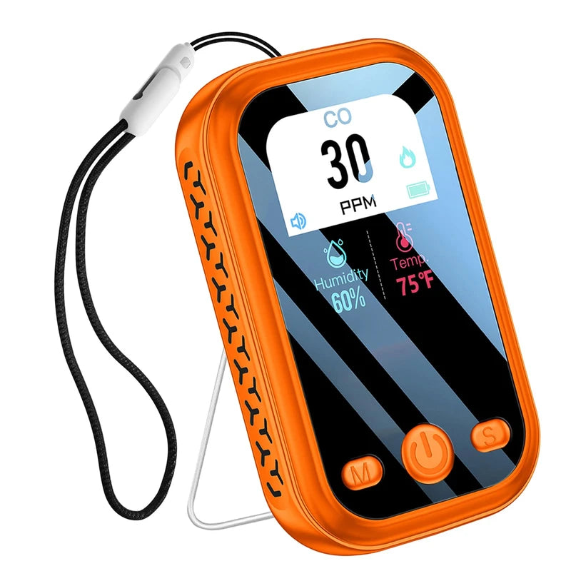 CEKKIENA [3-in-1] Carbon Monoxide Detector Portable Mini Air Quality Monitor with Lanyard & Kickstand Smoke Alarm CO Meter Temperature Humidity Sensor Built-in 1000mAh Battery Indoor/Outdoor (Orange)