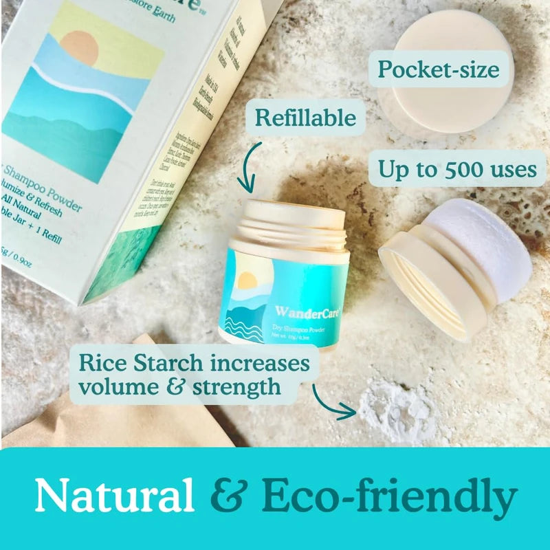 Dry Shampoo Volume Powder | Natural, Eco-friendly, Non Aerosol, Refillable | USA-Made | Refreshes, Volumizes | For Light, Medium or Dark Hair | 1 Refillable Jar + 1 Plastic-free Refill | 500 Uses