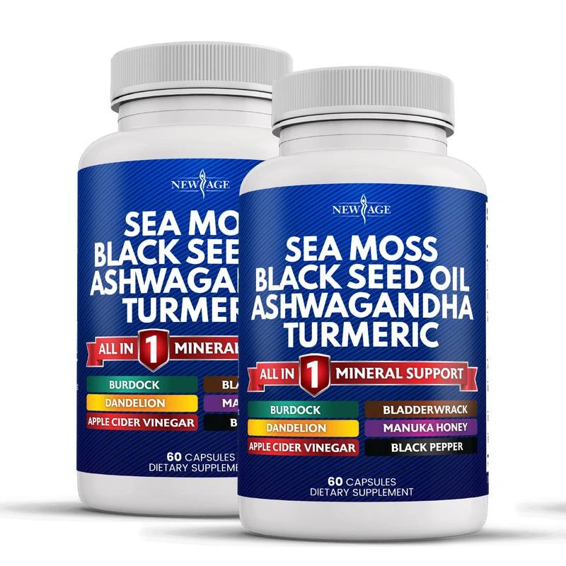 New Age Sea Moss 3000mg Black Seed Oil 2000mg Ashwagandha 1000mg Turmeric 1000mg Bladderwrack 1000mg Burdock 1000mg- with Manuka, Honey Dandelion, ACV Black Pepper Gluten Free Healthcare Supplement Dietary Edible - Size: 5 Bottles