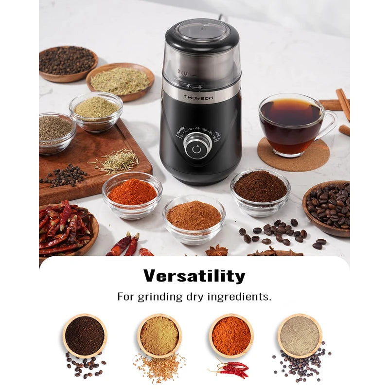 TWOMEOW Coffee Grinder, Adjustable Electric Grinder with Timing Knob, Coffee Bean Grinder and Spice Grinder with Removable Stainless Steel Bowl, Automatic Grinder for French Press and Espresso